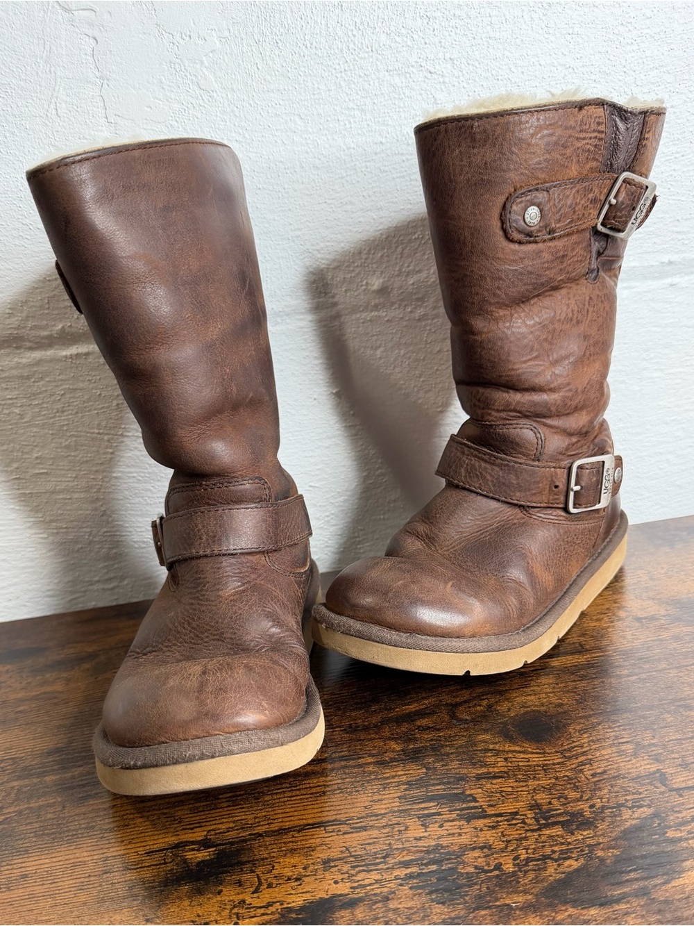 Vintage UGG Australia Kensington Brown Leather Shearling Biker Moto Boots 5678 S